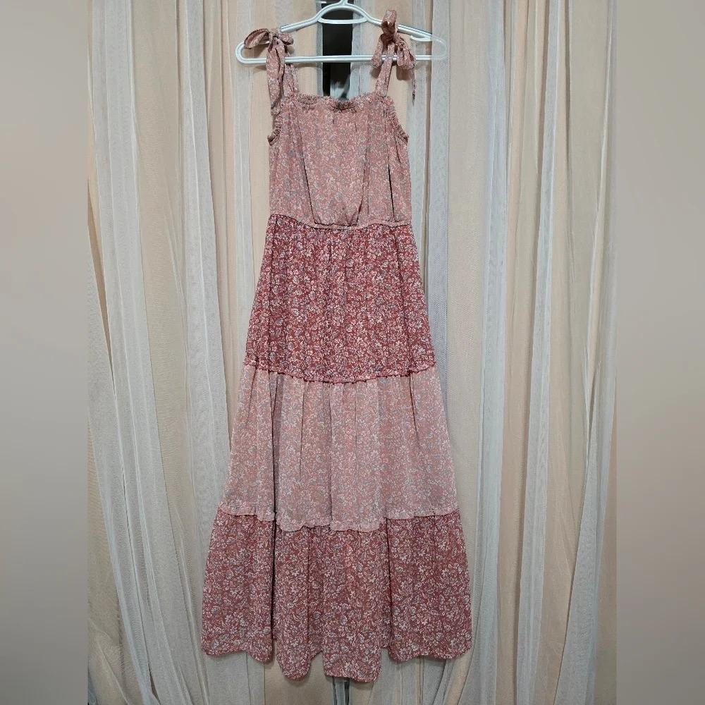 Sincerely Jules Tiered Floral Peasant Maxi Dress, Tie Straps, Ruffles, EUC!